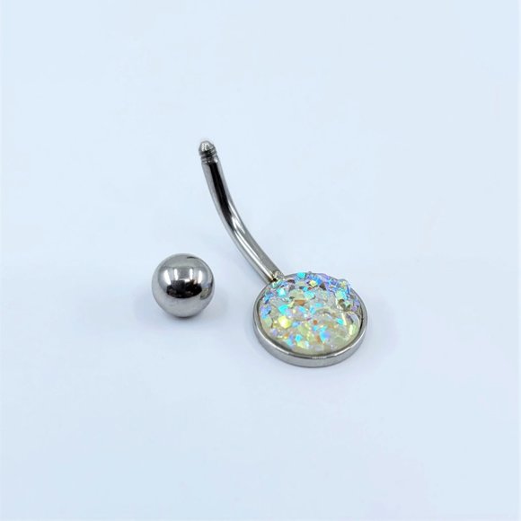Iridescent Druzy Sparkle Steel Belly Button Ring - Picture 1 of 2